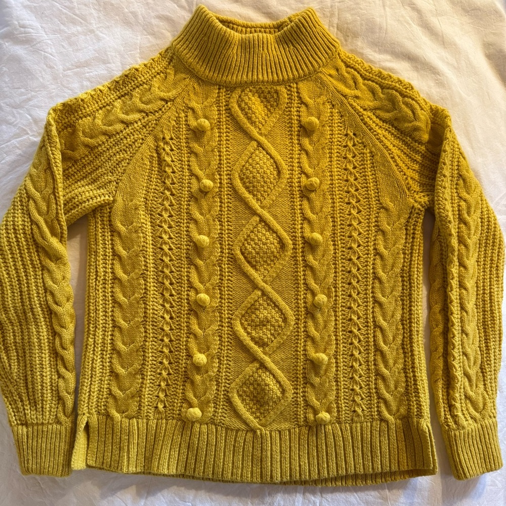 J. Crew Pom Pom Yellow Cable Knit Sweater XS